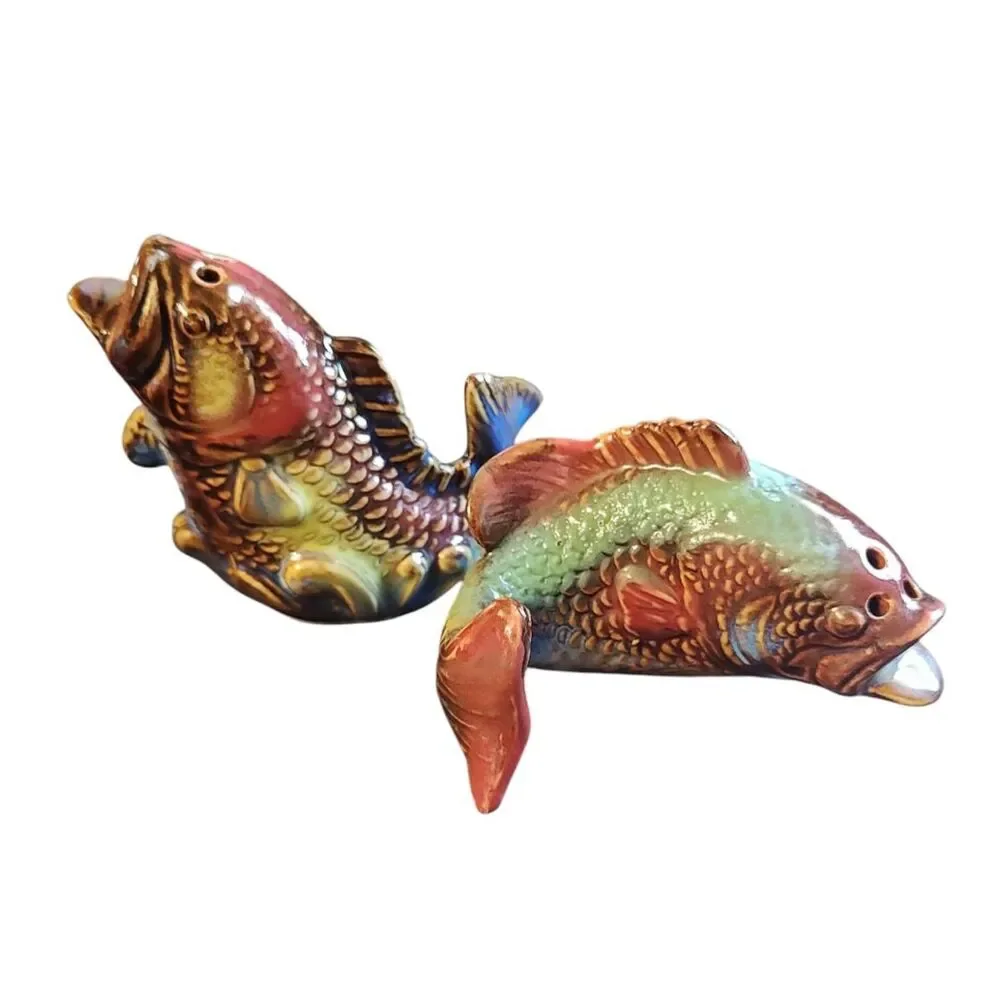 Salt & Pepper Set Colorful Carp Fish EUC Multi Colored Glazed
